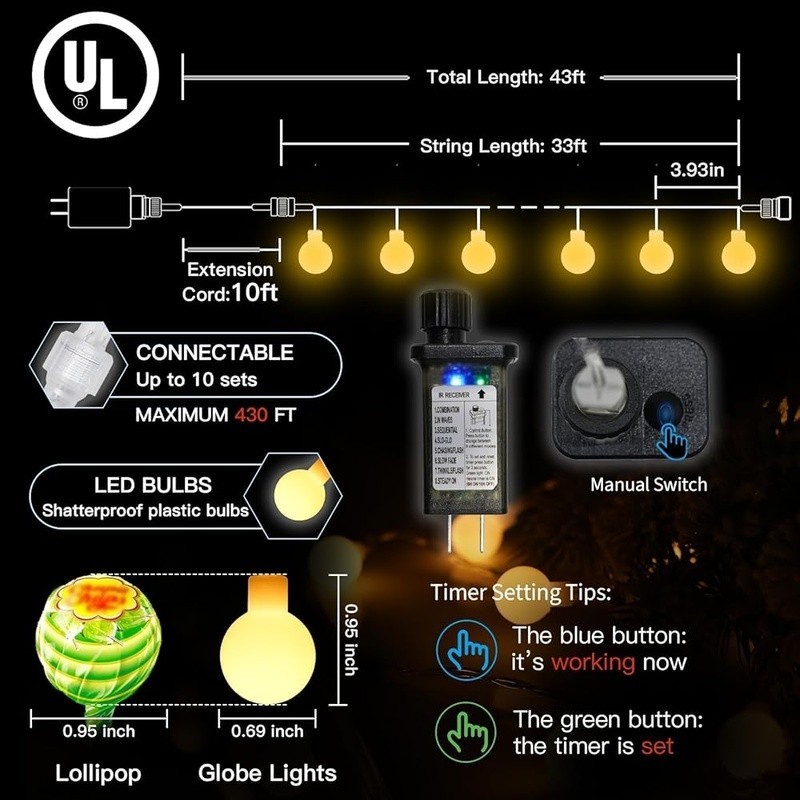 43ft Connectable Globe String Lights Remote 8 Modes Indoor Outdoor Cozy Glow New gallery