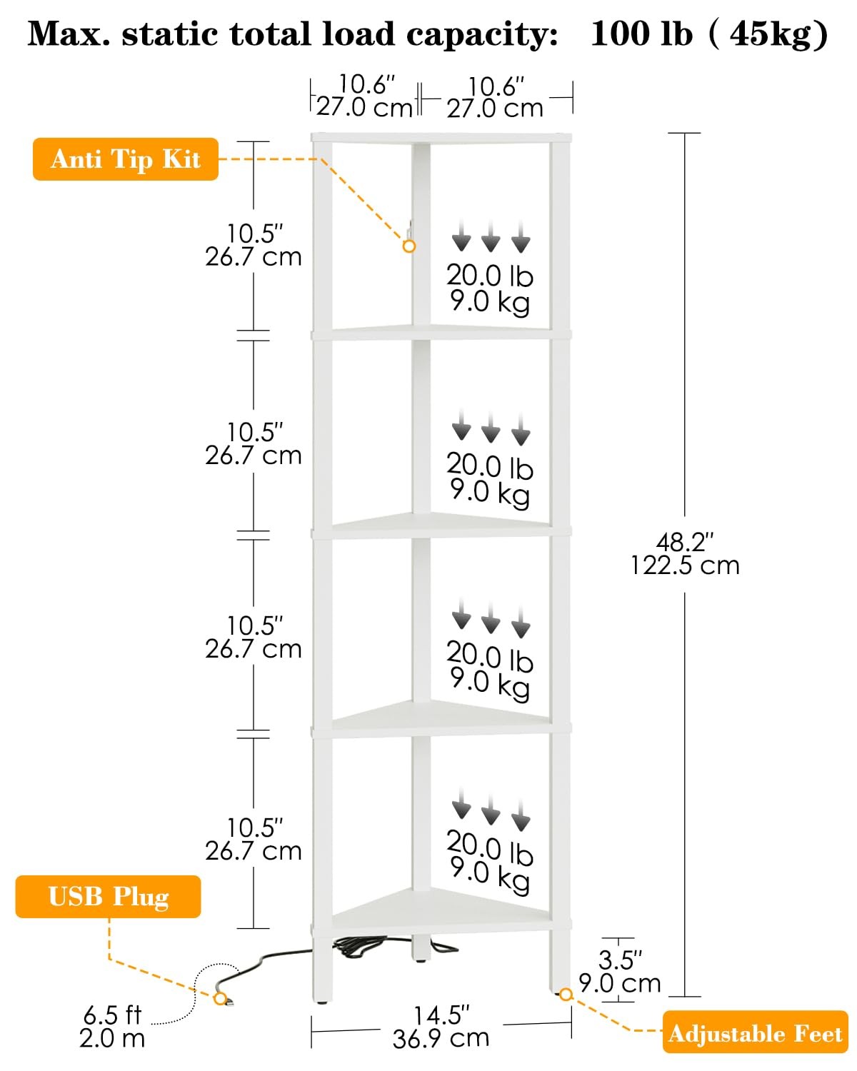 Corner Shelf with LED Light, 5-Tier Corner Bookshelf, Narrow Display Shelf with gallery