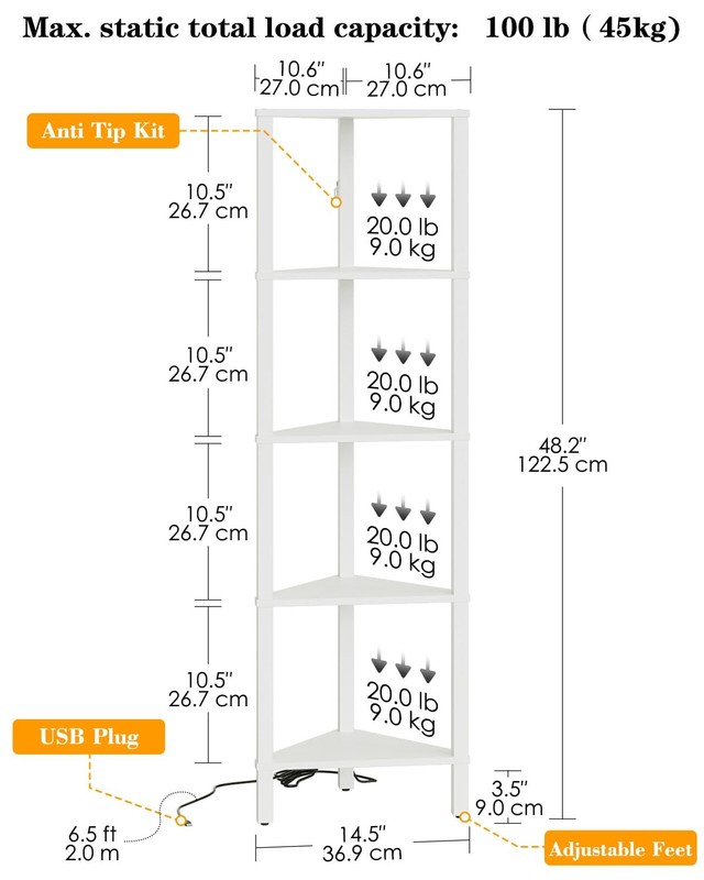 Corner Shelf with LED Light, 5-Tier Corner Bookshelf, Narrow Display Shelf with gallery