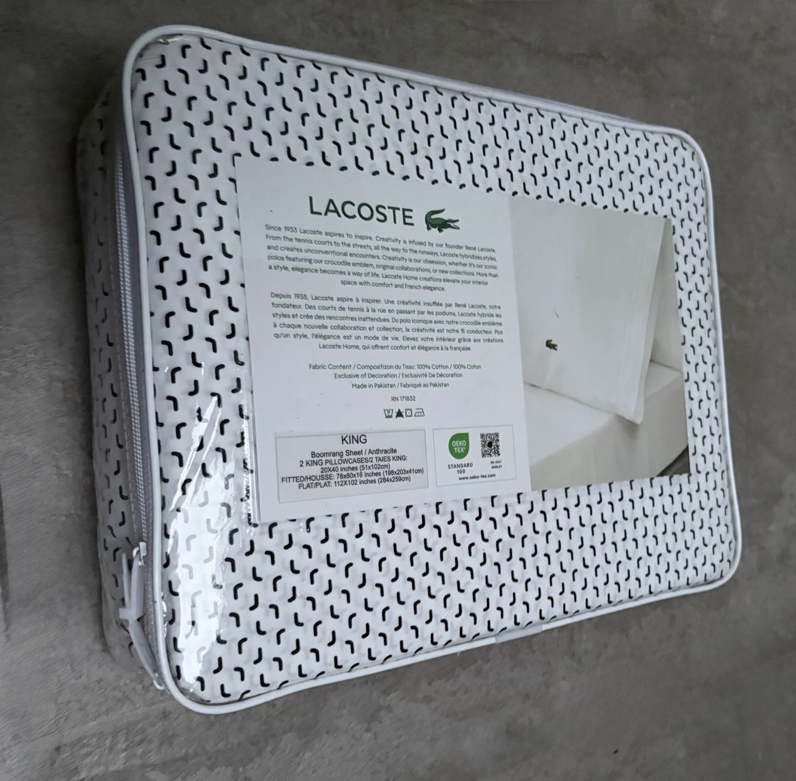 Lacoste King Sheet Set Cotton Percale Boomrang Print White & Black (Anthracite) gallery