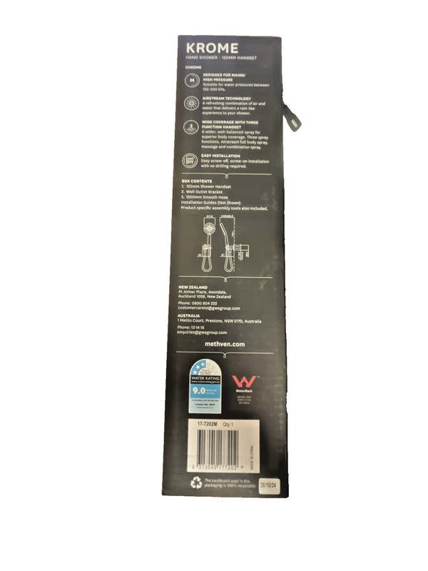 Methven Krome 3 Function Hand Shower WELS 3 Star 9L/min 17-7202M NEW UNOPENED gallery