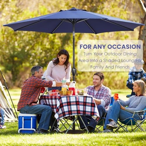 9' Round Patio Umbrella with Push-Button Tilt and Hand Crank Lift System, Navy gallery