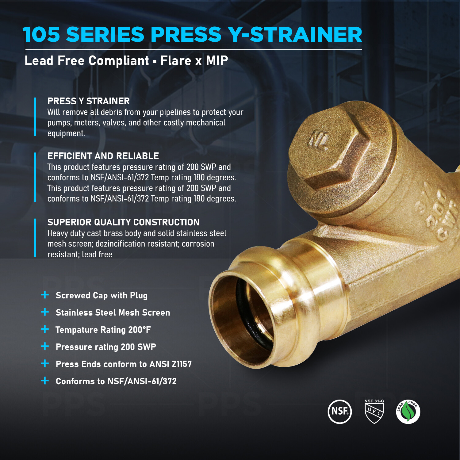1/2"-2"in Lead Free Y Strainer Valve Press Connection Pipe Fitting Flare x MIP gallery
