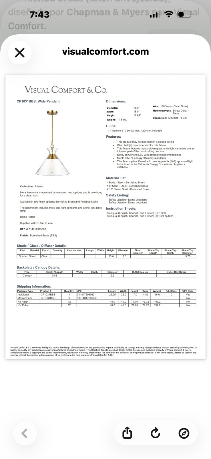 Visual Comfort & Co. Atlantic Pendant Burnished Brass 18in CP1031BBS gallery