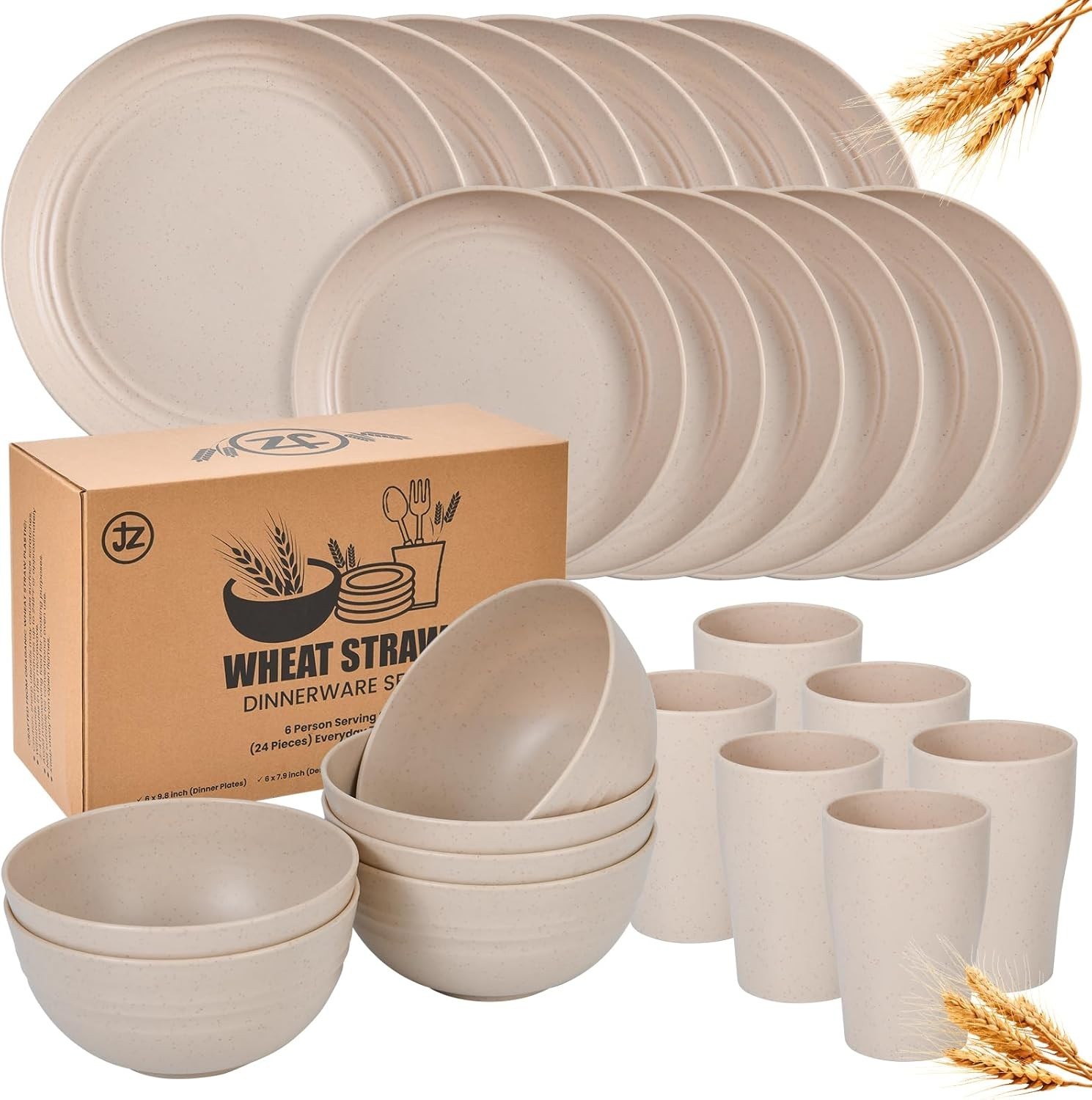 24 - Piece Wheat Straw Dinnerware Set - Plates and Bowls for 6, Unbreakable, Dis gallery