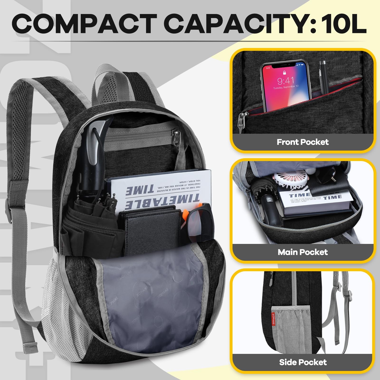 10L Ultra Lightweight Packable Backpack Small Foldable Daypack Black PC 3