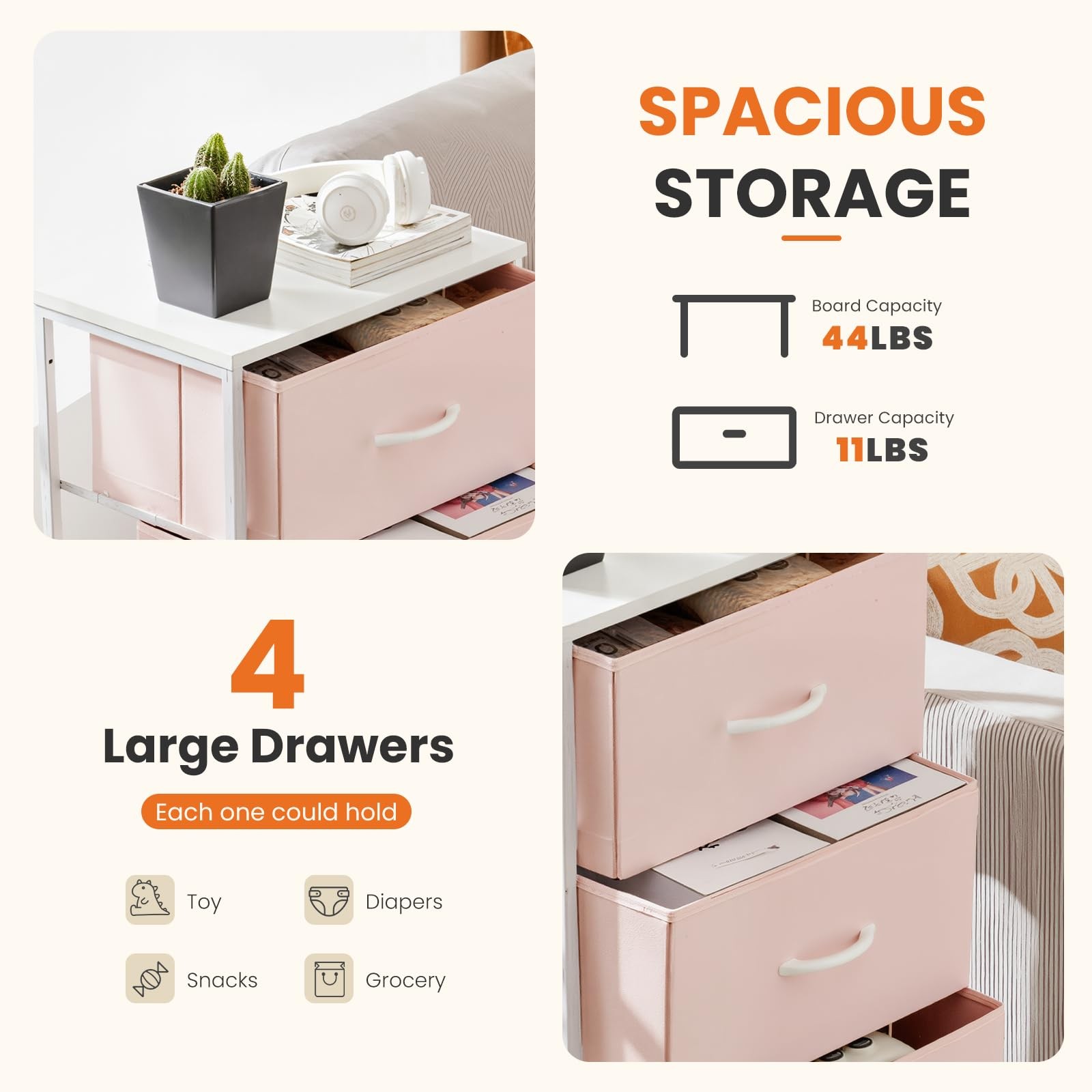 Fabric Storage Tower 4 Drawer Dresser Wood Top 17.7 D Pink CAB-4BC-PK gallery