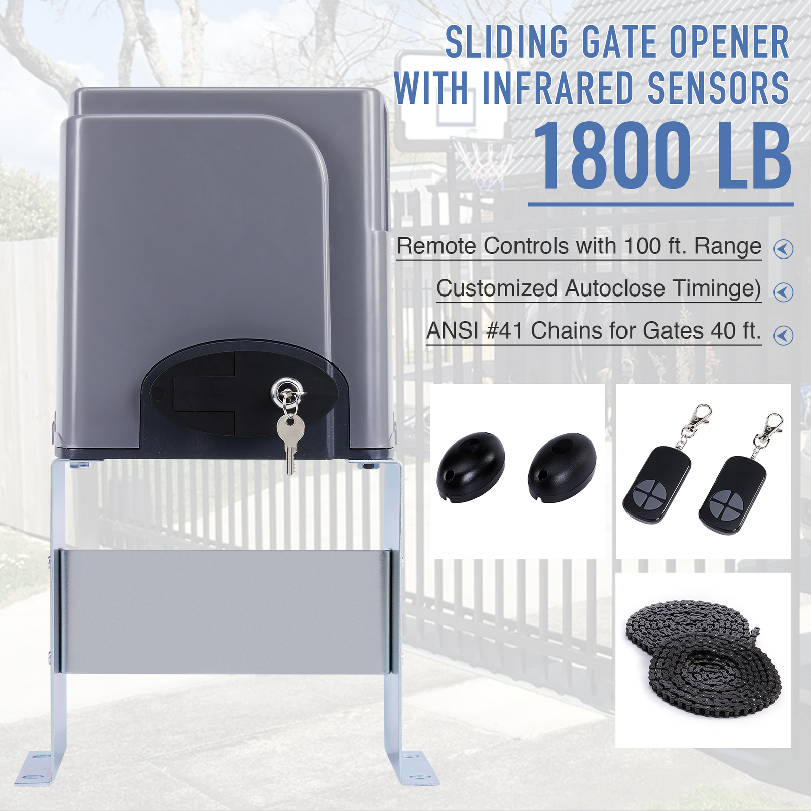 Smart Sliding 380W Gate Opener with Remote Control IR Sensors 1800lb 40ft Quiet gallery