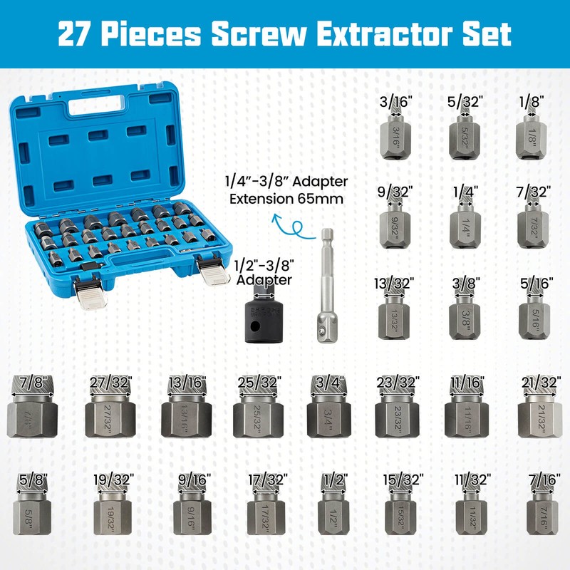 27 PCS Multi-Spline Screw Extractor Set with 3"/8” Drive Hex Head Bolt Remover gallery