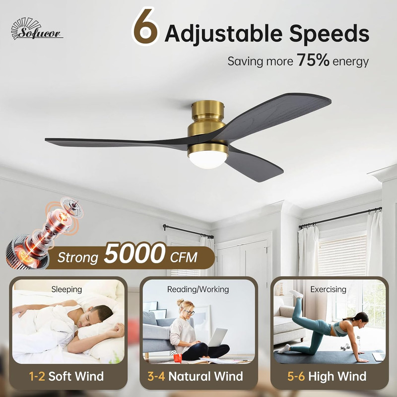 Sofucor 52" Solid Wood Ceiling Fan Lights, Flush Mount & Downrod Mount Ceiling F gallery