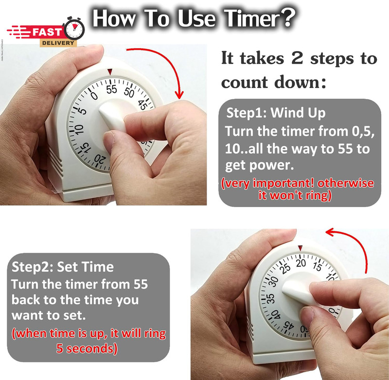 60 Minute Wind up Timer, Visual Mechanical Timer with Loud Alarm, Manual Countdo gallery