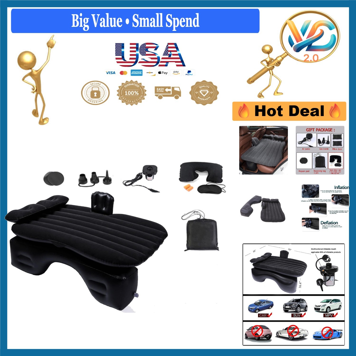 Inflatable Car Air Mattress with Pump, Waterproof Portable SUV Back Seat Bed ... gallery