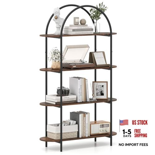 Arched Bookshelf - 4-Tier Industrial Open Bookcase - Rustic Brown & Black gallery