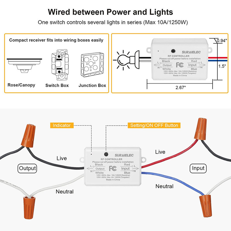 3 Way Wireless Light Switch, No Wiring, No Wifi, 100Ft RF Range, Pre-Programmed, gallery