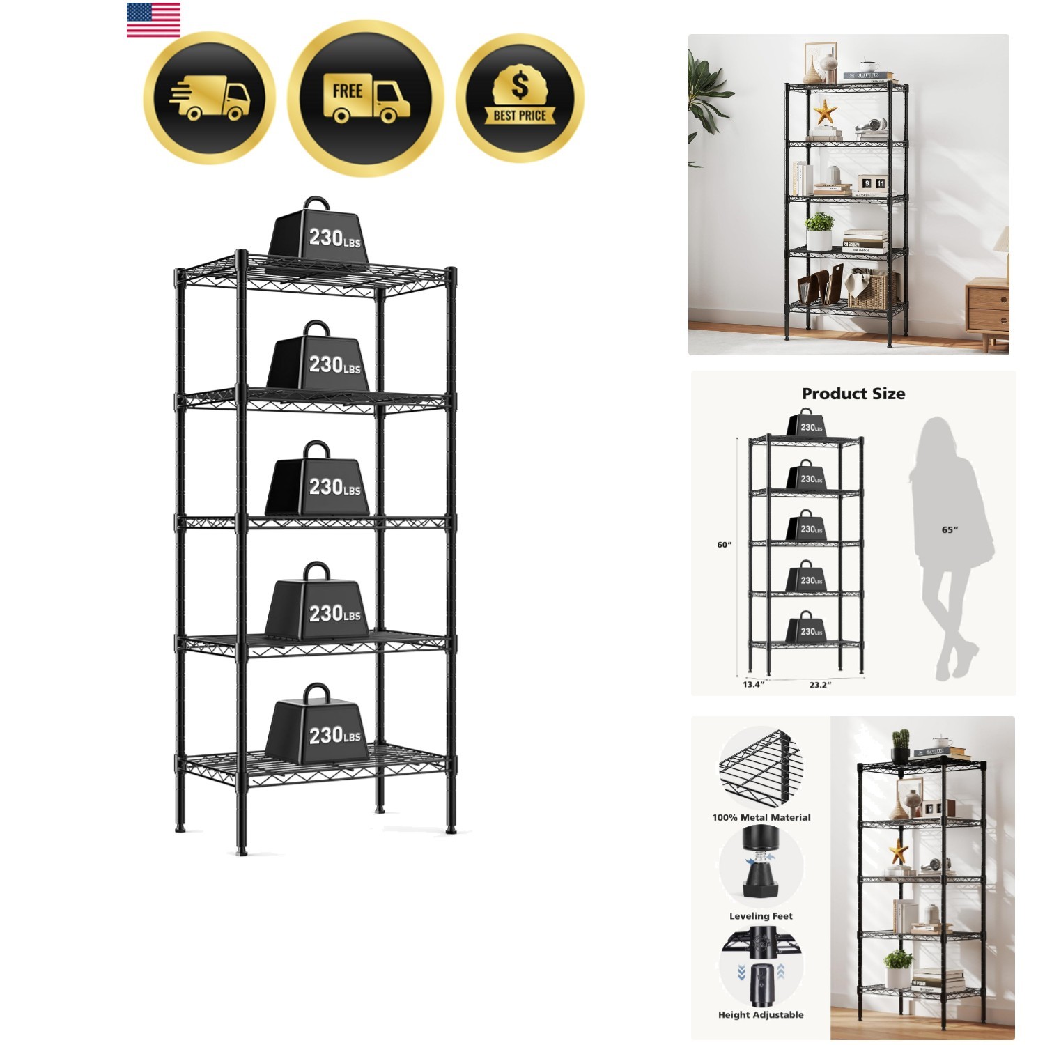 Metal Wire Storage Shelves 5 Tier Adjustable Heavy Duty Organizer Rack Black gallery