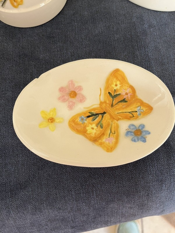 Unique Vintage Handpainted Ceramic Bathroom Set 4 Pieces Butterfly Flowers 1975 gallery