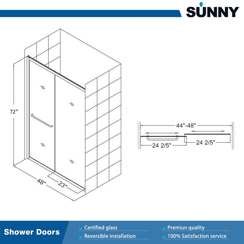 SUNNY Semi-Frameless 48’’x72’’ Double Sliding Bypass Shower Door 1/4 Glass Black gallery