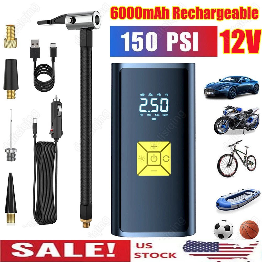 150 PSI Air Compressor Tire Inflator Fits Car Moto Bike Tires Air Pump Cordless gallery