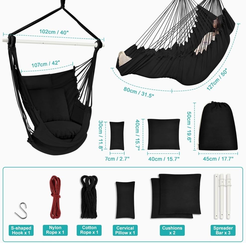 Hammock Chair, Hanging Chair with 3 Cushions and Foot Rest Support, Sturdy Metal gallery