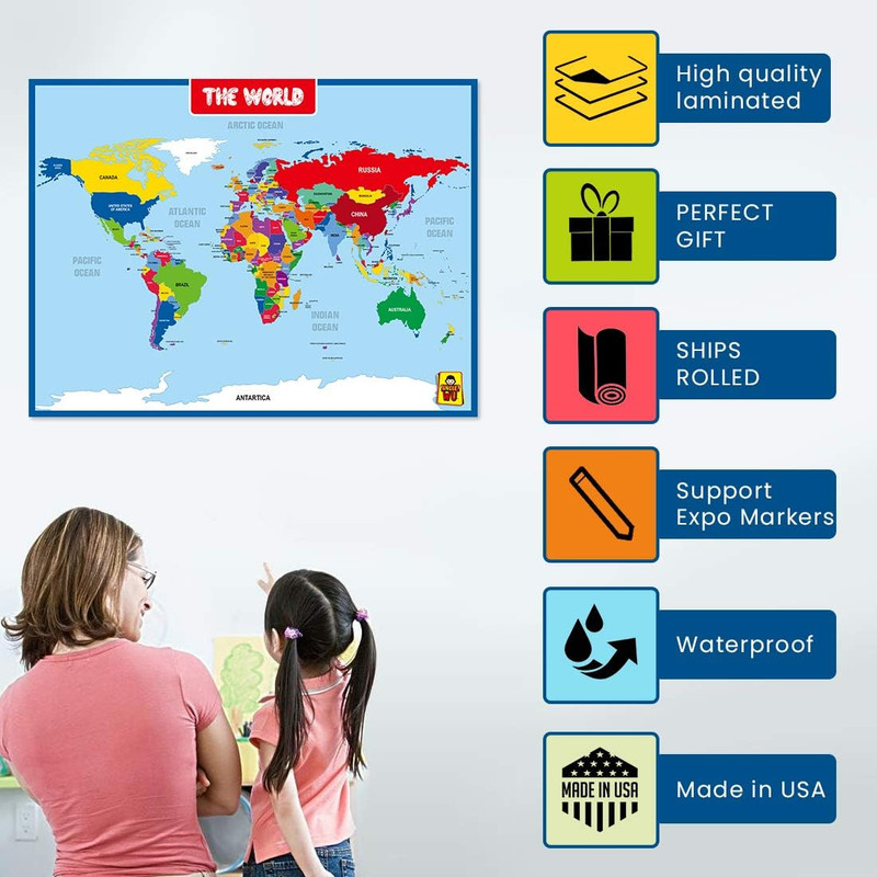 World Map Laminated Poster -Double Side Educational Poster for Kids/Adults -17 X gallery