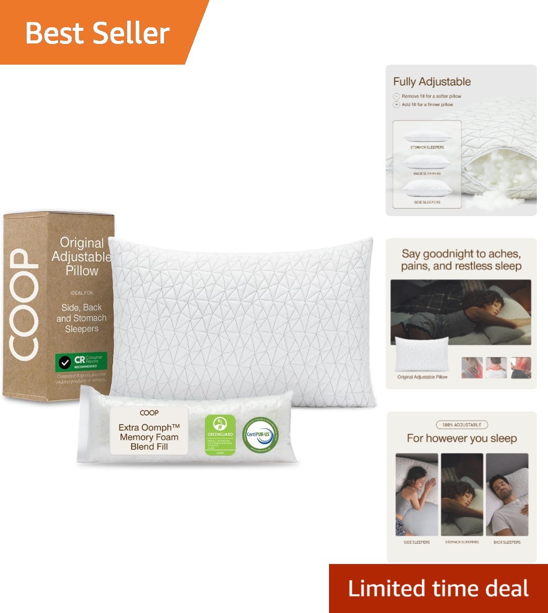Queen Size Adjustable Comfort Pillow with Cross-Cut Memory Foam - Safe for Sleep gallery