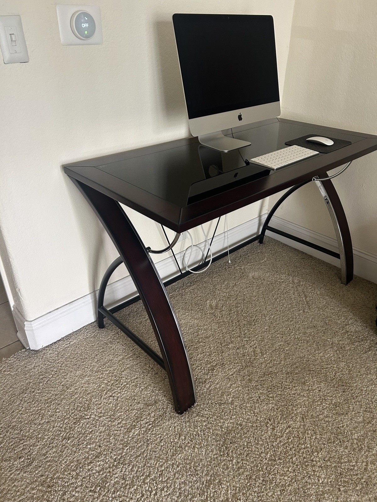 Glass Top Computer Desk, Dark Wood & Metal Frame, Modern, 47x24x30 in gallery