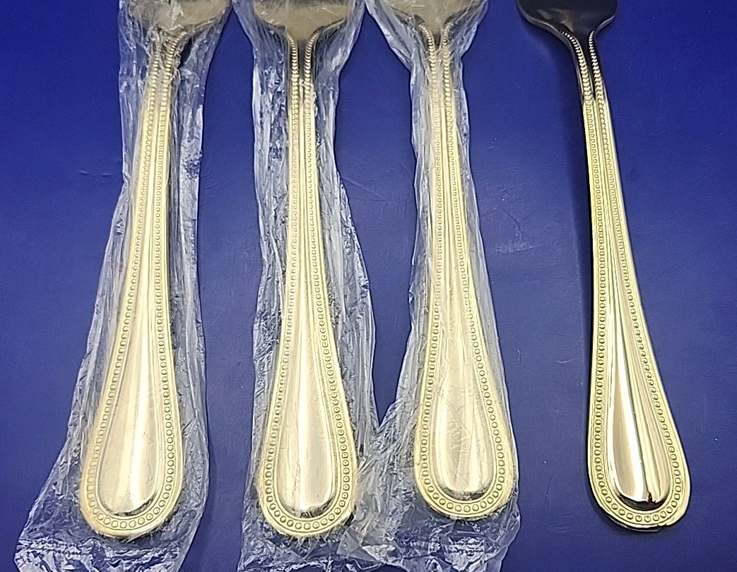 St. James Gold Stainless Salad Fork Set Of 4 Beaded Pattern NEW 18/10. 7. 5in gallery