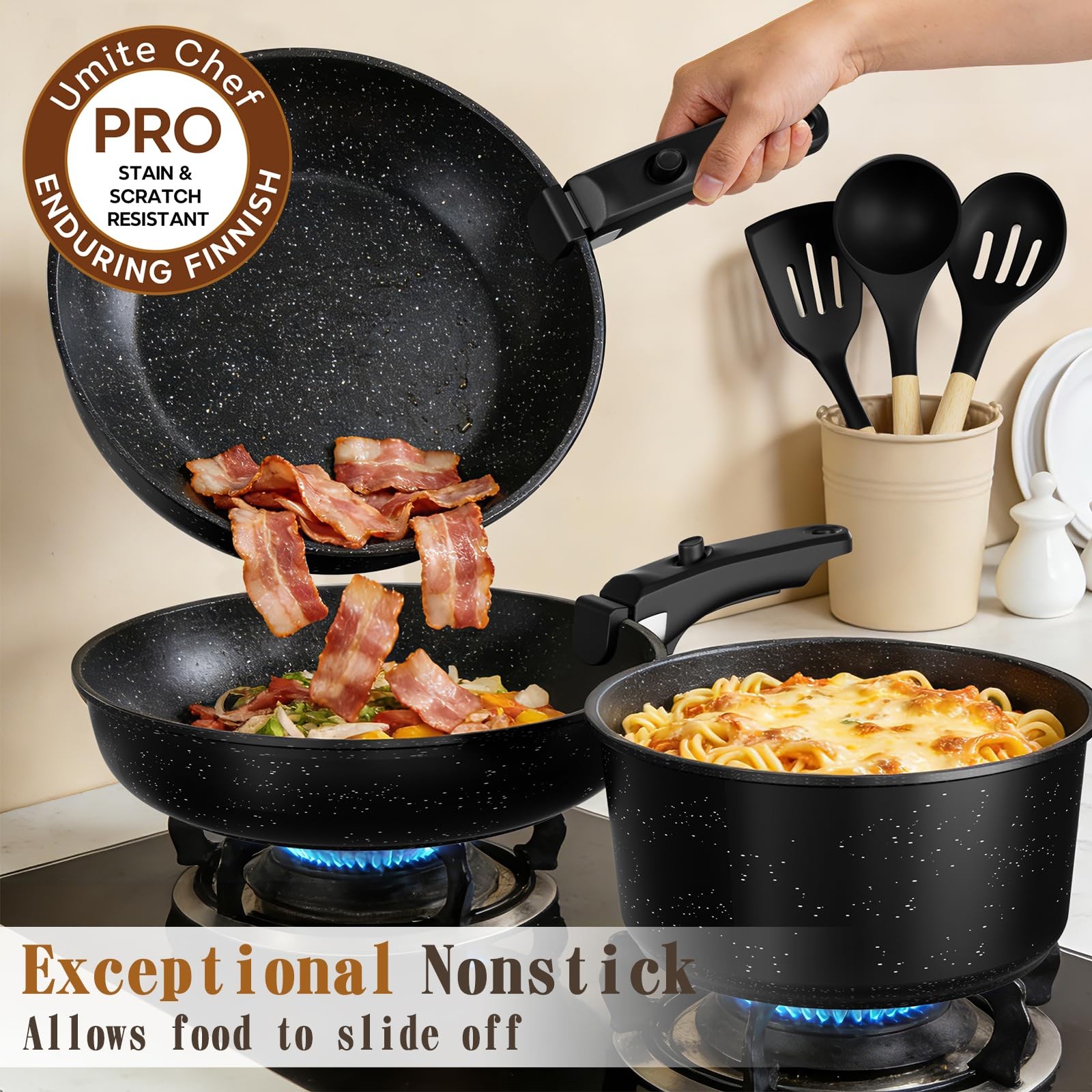 Cookware Set 21Pcs Nonstick Detachable Handle Induction Dishwasher Safe Black gallery