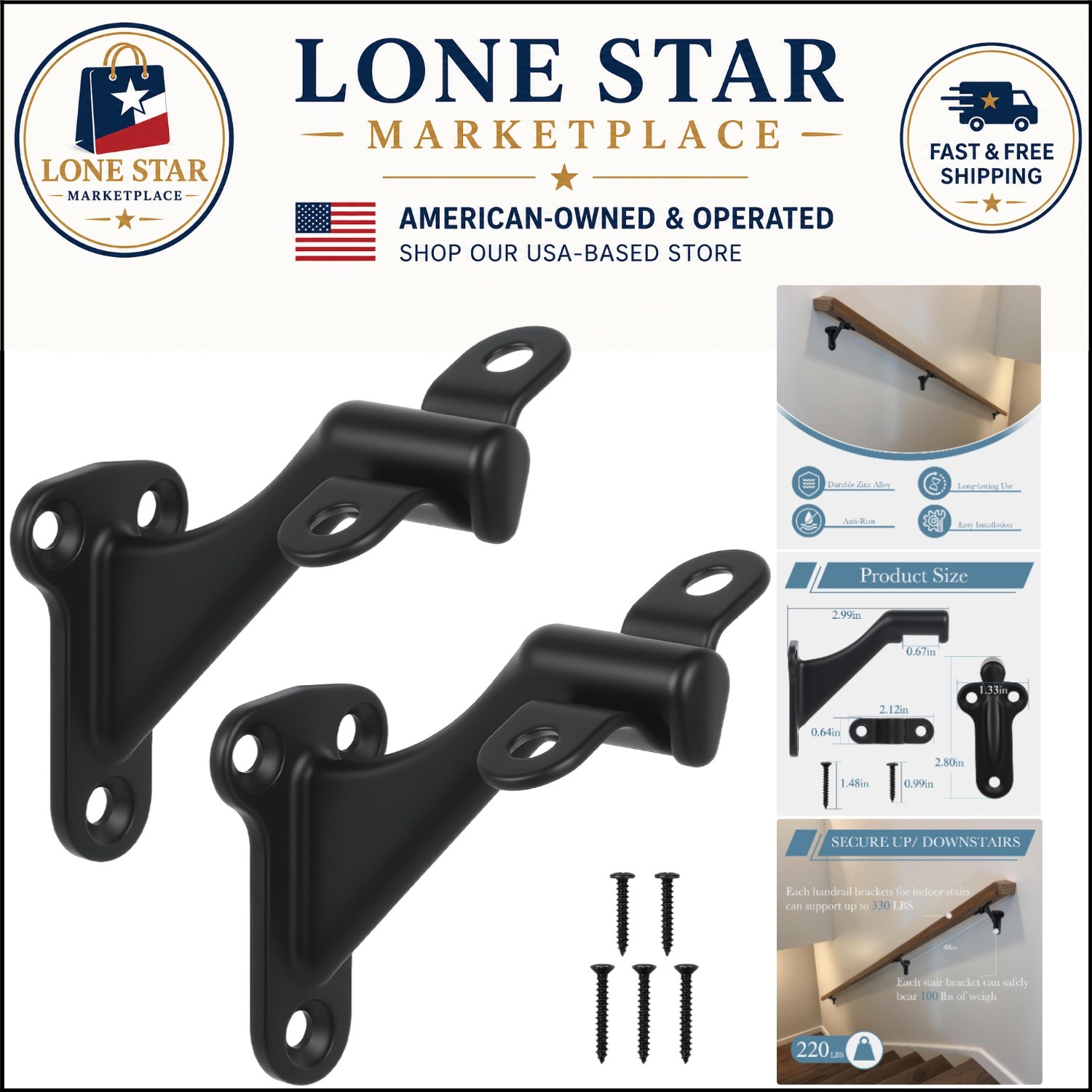Durable 3-Inch Handrail Brackets for Stairway Safety - 330 lbs Support 2-Pack gallery