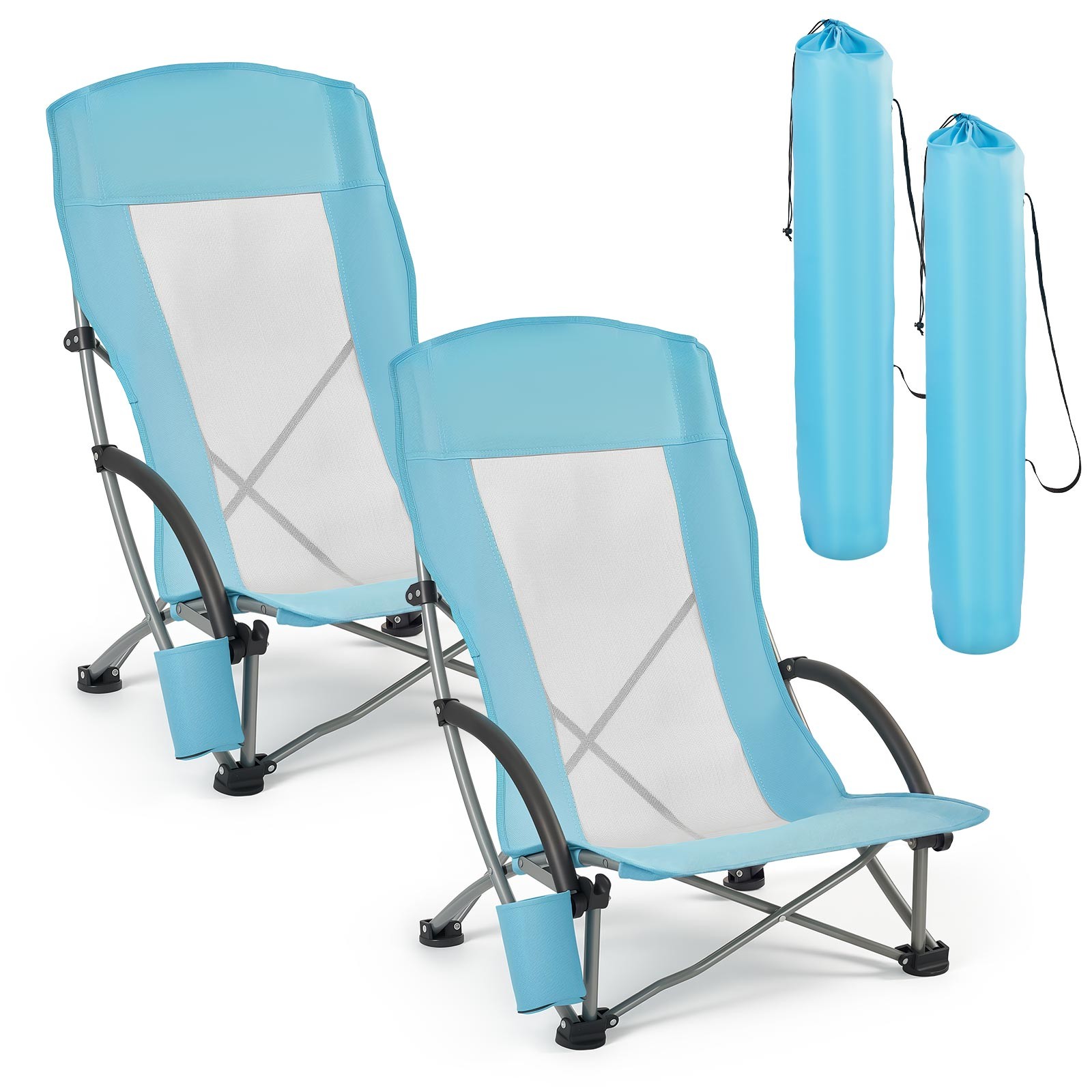 VEVOR Folding Beach Chair High Back Mesh Camping Chair Cup Holder 330lbs 2 Pack gallery