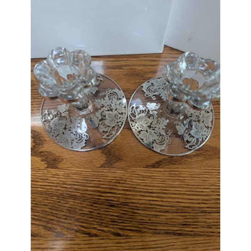Vintage Clear Glass Candlestick Holder Sterling Silver Grapevine Overlay gallery