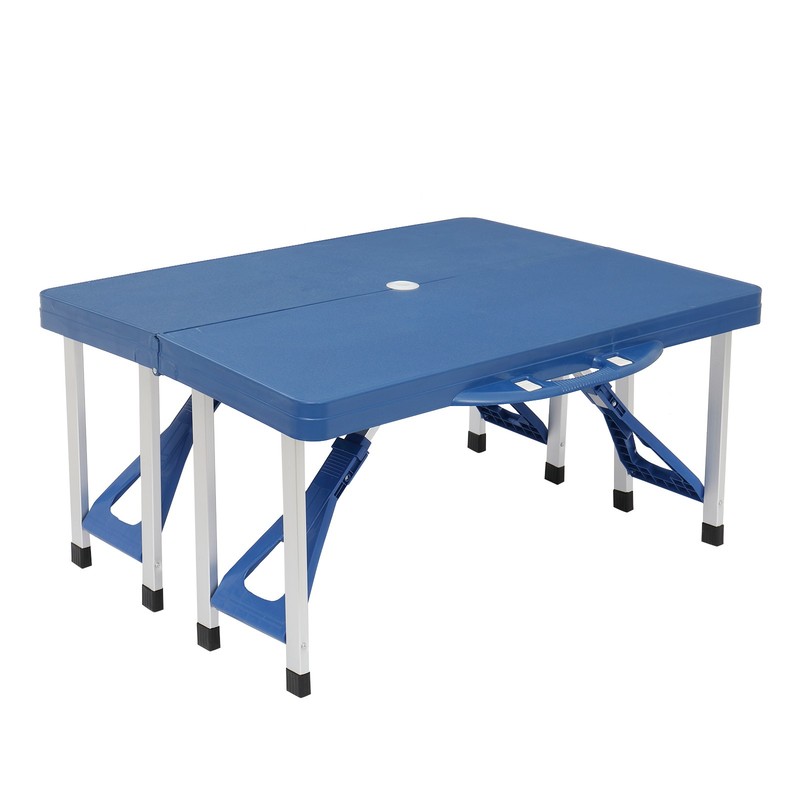 Blue Folding Camping Table with Stool, One‑Piece, Plastic PS, with Umbrella Hole gallery