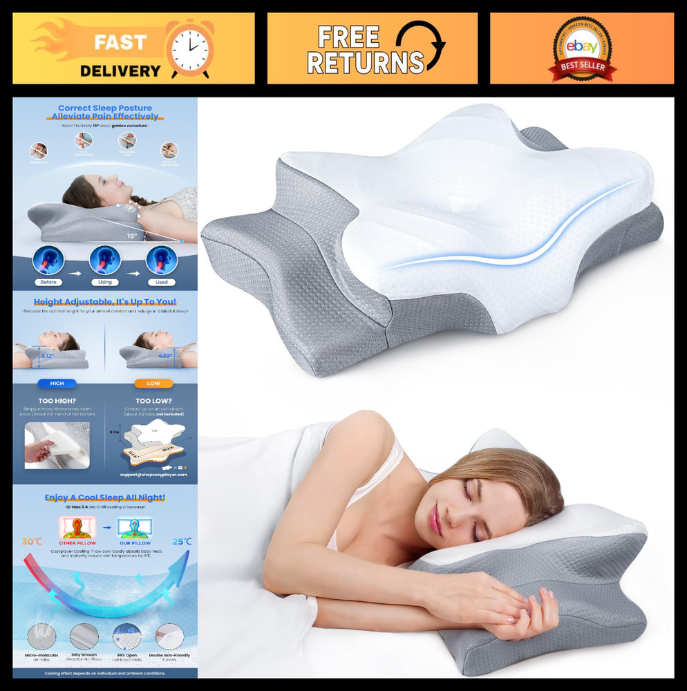 Cooling Neck Support Pillow - Adjustable Ergonomic Memory Foam, Orthopedic Comfo