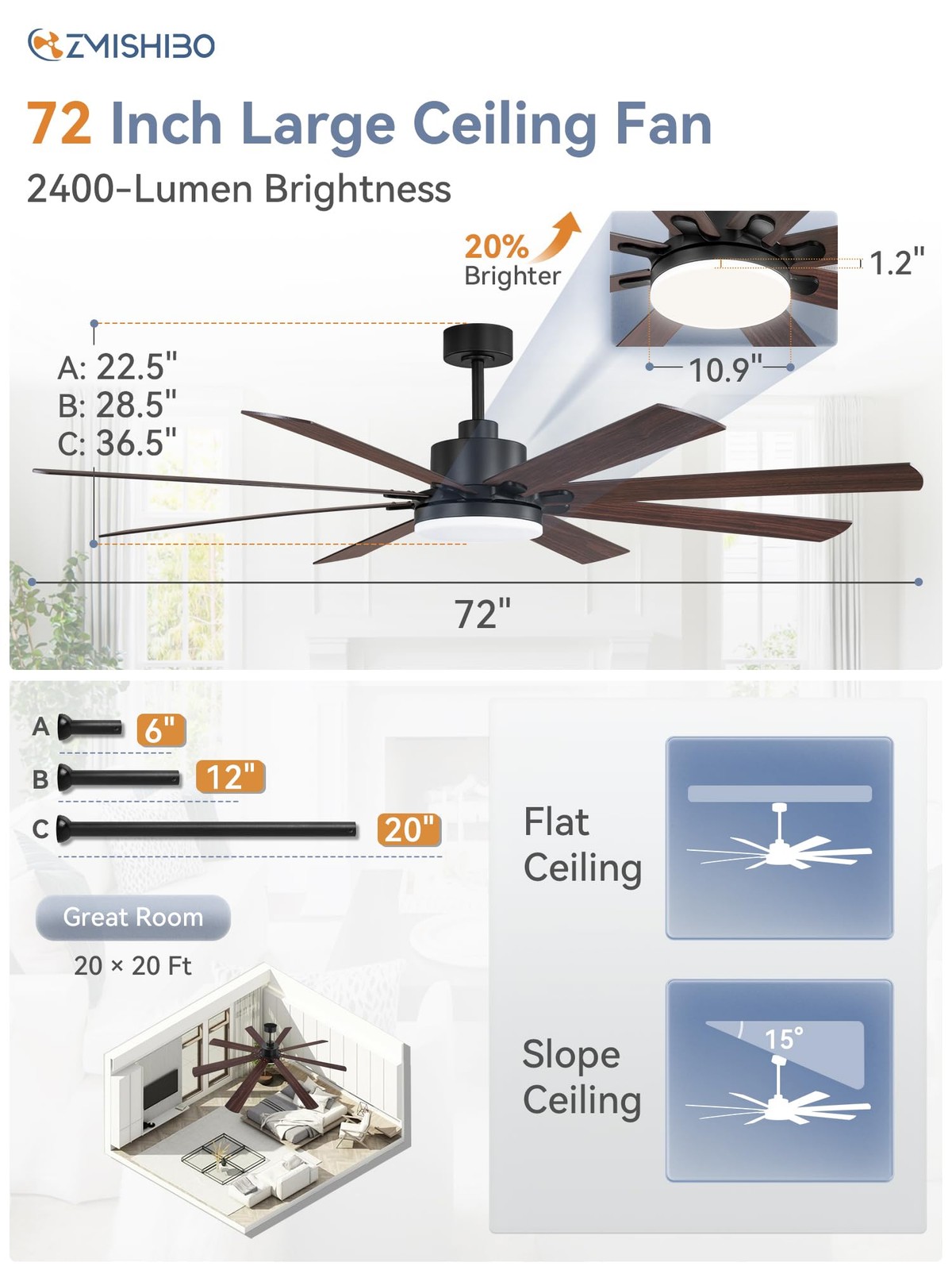 72 Inch Ceiling Fan LED Remote Control Reversible DC Motor Black Large gallery