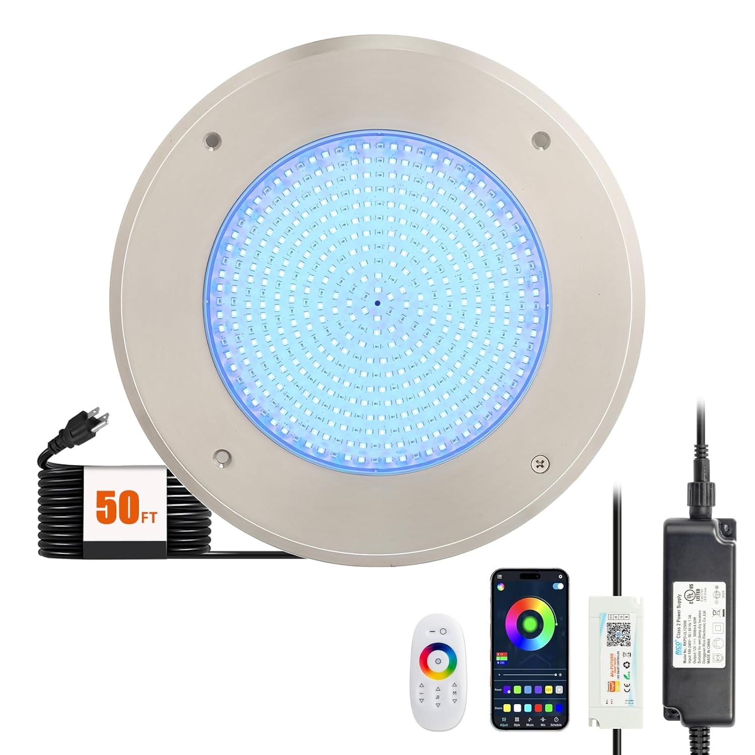LED Swimming Pool Light 10in 54W 120V RGBW Color Changing with App Control gallery
