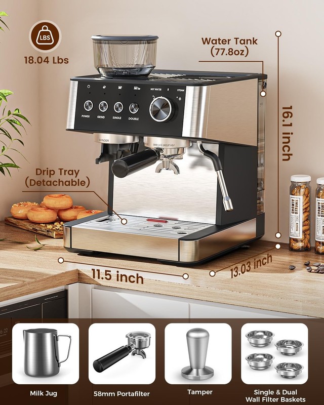 Electactic Espresso Machine with Grinder, 15 Bar Expresso Coffee Machines gallery