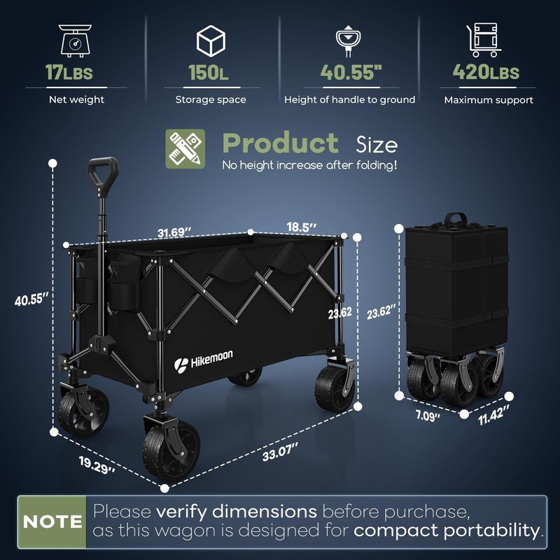150L Collapsible Wagons Carts Foldable, 420LBS Heavy Duty Folding Beach Cart wit gallery