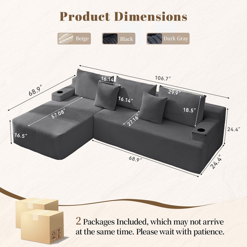 107" Cloud Sectional Couch with L-Shape Chaise,Modular Corduroy Sofa Living Room gallery