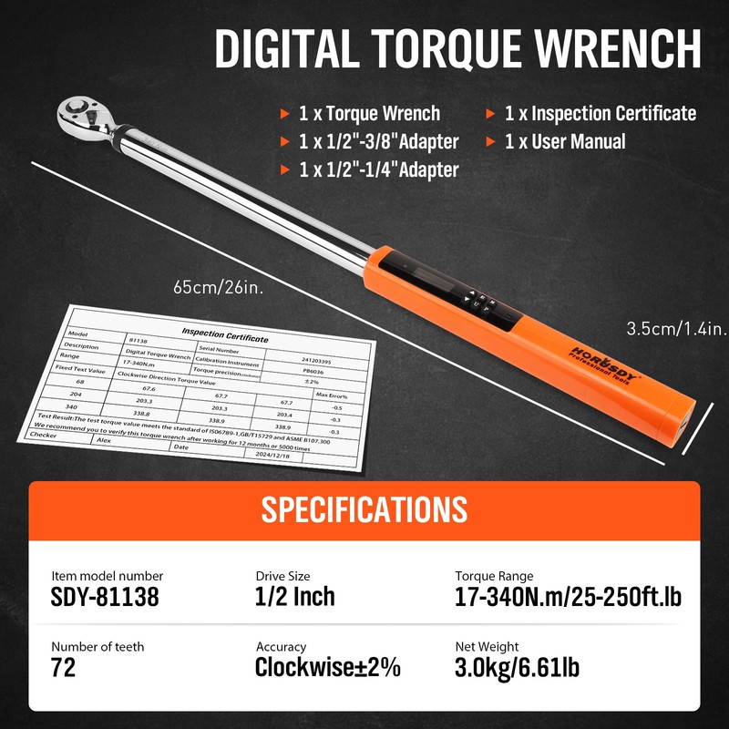 3PC Electronic Digital Torque Wrench Heavy Duty 25-250ft.lb / 17-340n.m Adapter gallery