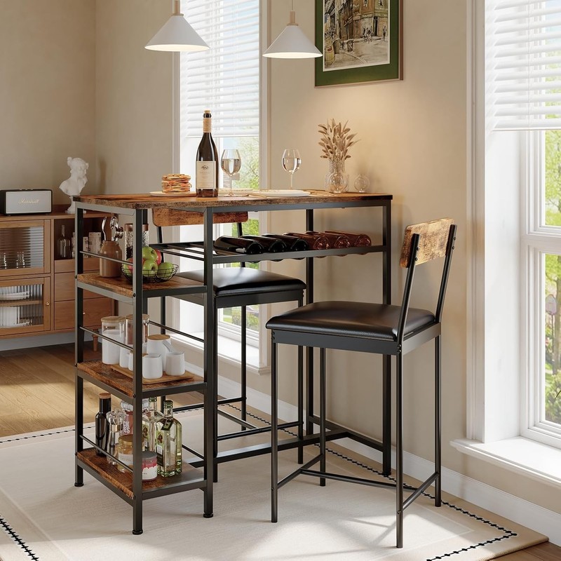 3PCS Dining Table Set w/ 2 Upholstered Bar Stool Wine Rack Kitchen Dining Room gallery
