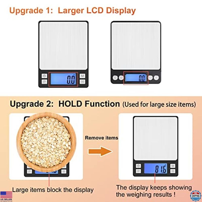 BOMATA Mini Food Scale - 0.1g Accuracy, 3000g Capacity, USB Rechargeable Display gallery