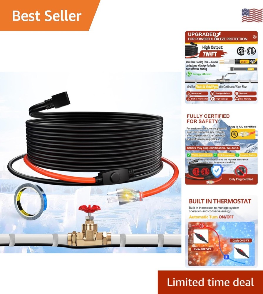 Durable 3ft Constant Wattage Heating Cable for Metal and Plastic Pipes