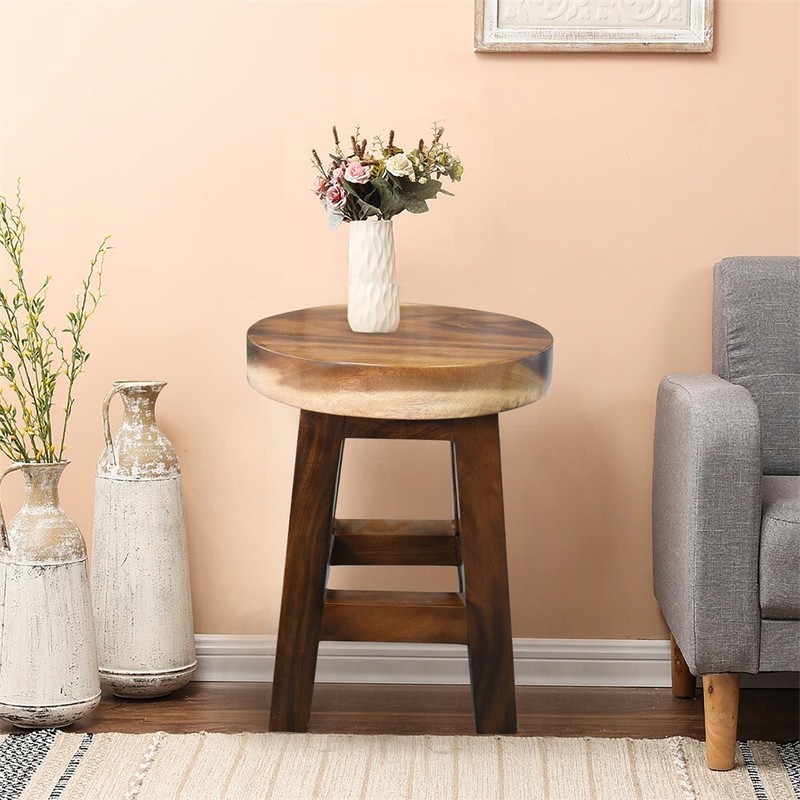 Greenage Small Rustic Solid Wooden Stool Round Side Table Bedside Table 18" H gallery