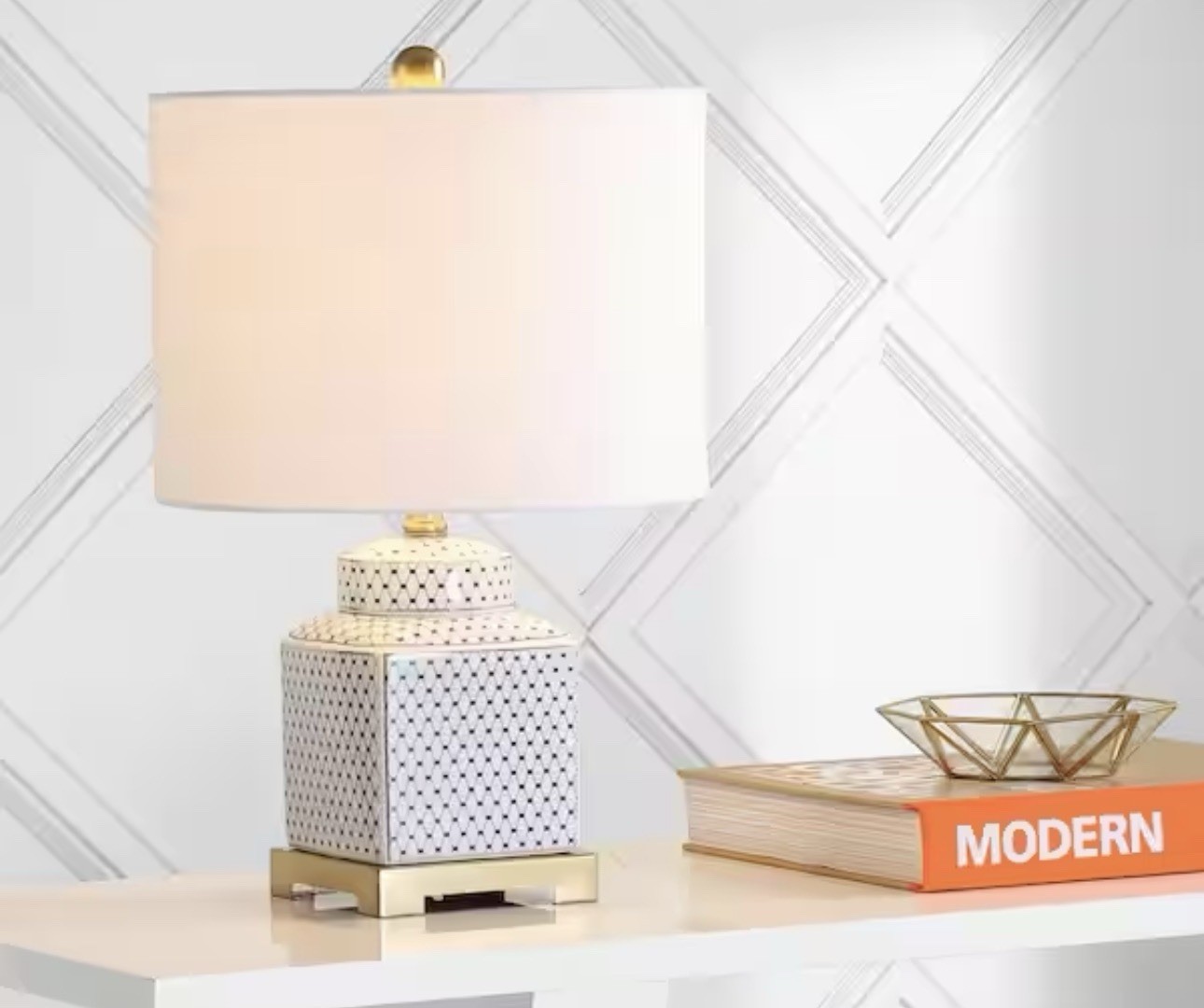 Jonathan Y Blue White Ginger Jar Table Lamp with Linen Shade and LED Bulbs gallery