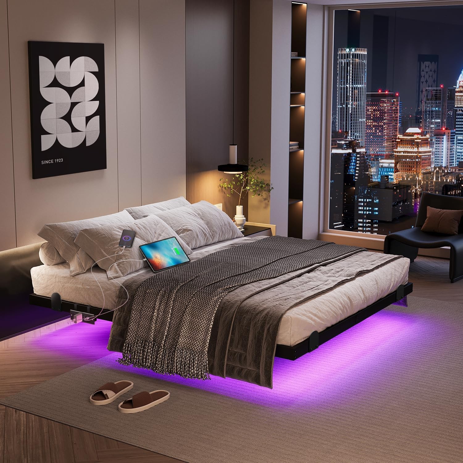 Floating Bed Frame with LED Lights and Charging Station, 14 Inch King Size Float gallery
