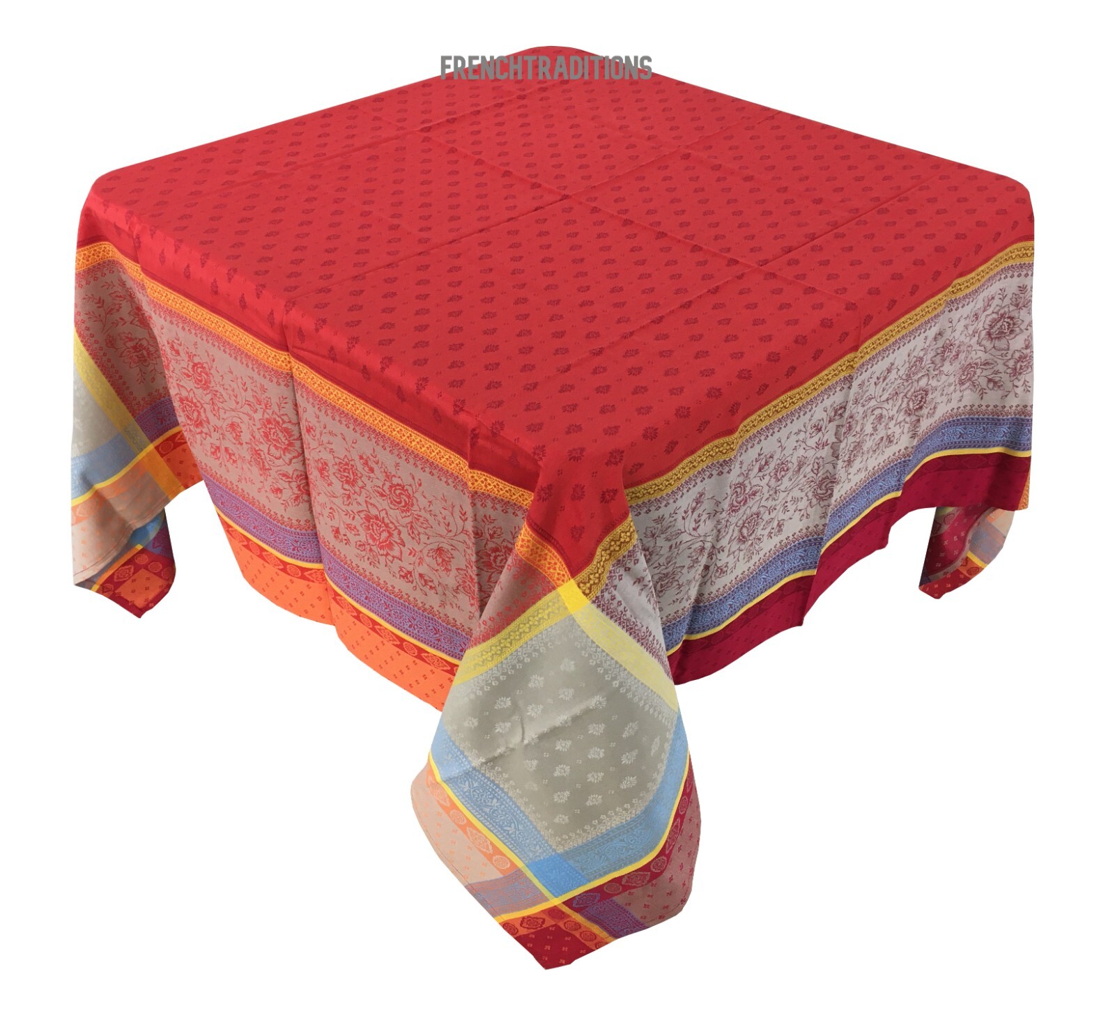 French Provencal Jacquard Coated Tablecloth Flowers Geometric 63 X 63 France gallery
