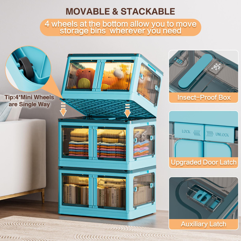 3-Tier Stackable Storage Bins with Lids & Wheels Foldable Closet Organizer Box gallery