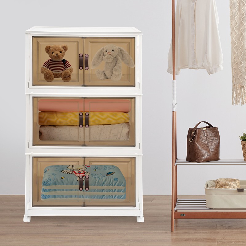 3PCS Foldable Stackable Storage Cabinets with Wheels White 25.59*16.54*43.5in US gallery