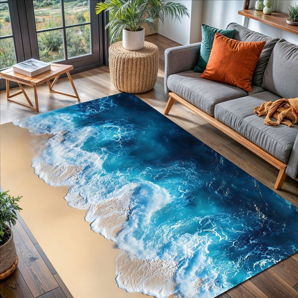 White Blue Waves Ocean Beach Theme Area Rug No Slip Modern Fresh Art Deco Carpet