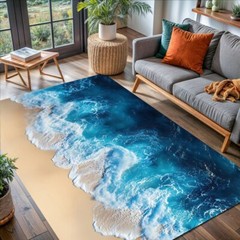 White Blue Waves Ocean Beach Theme Area Rug No Slip Modern Fresh Art Deco Carpet